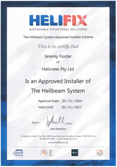 Helifix Approved Installer Certificate AUS